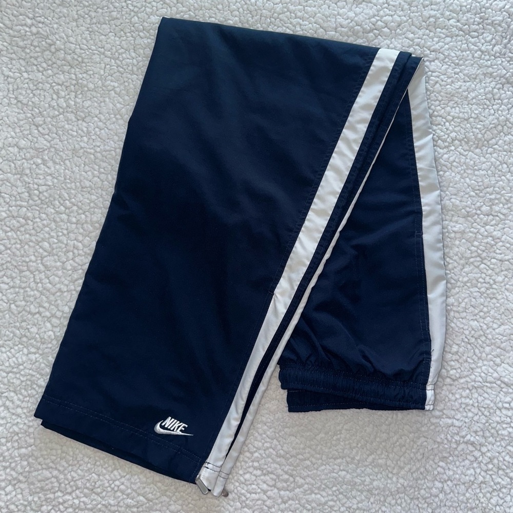 NIKE track pants ankle zipper navy white stripe drawstring elastic waist mens L